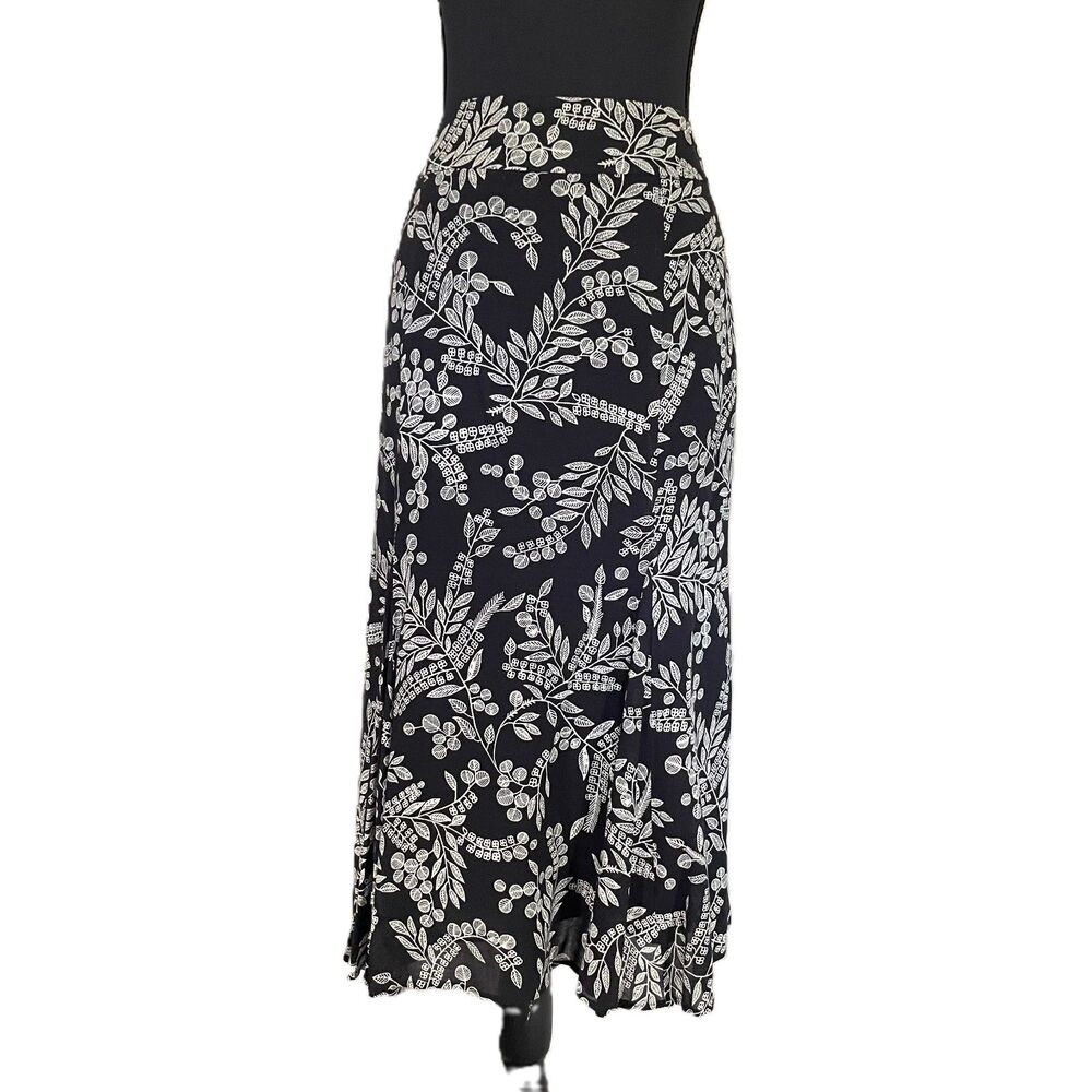 Vtg Sigrid Olsen Sport Black White Botanical Flare Midi Skirt Petite 6P 90s Boho